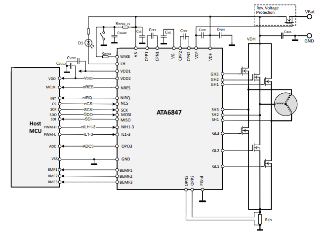 应用电路图 - Microchip Technology ATA6847无刷电机栅极驱动器SBC